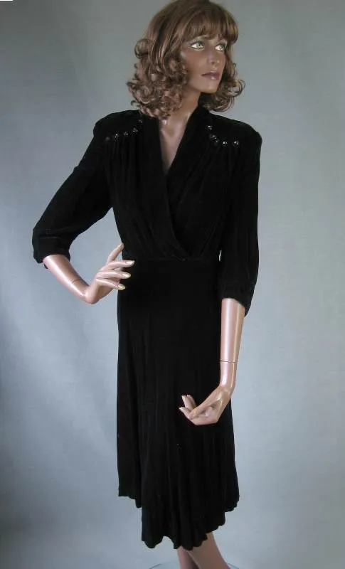 40s Vintage Women's Dress Cocktail Party Black Velvet Wrap Front LBD Large VFG