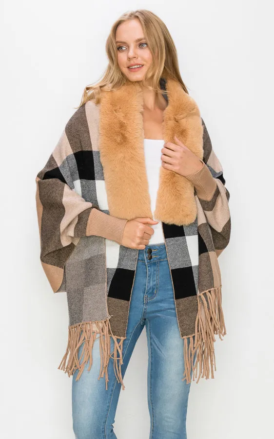 AV426 Faux Fur Trim Sleeve Cape Shawl with Fringe