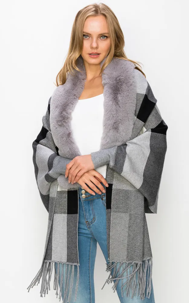 AV426 Faux Fur Trim Sleeve Cape Shawl with Fringe