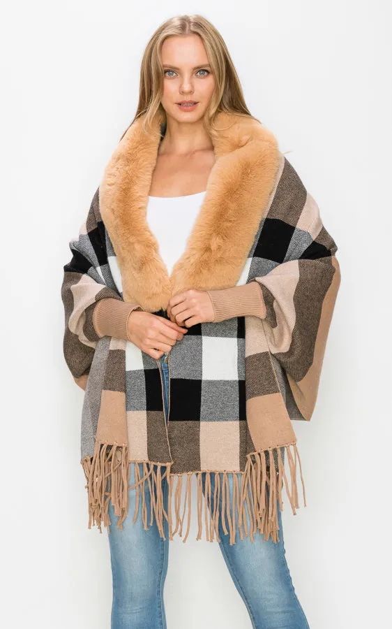 AV426 Faux Fur Trim Sleeve Cape Shawl with Fringe