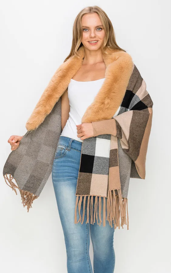 AV426 Faux Fur Trim Sleeve Cape Shawl with Fringe