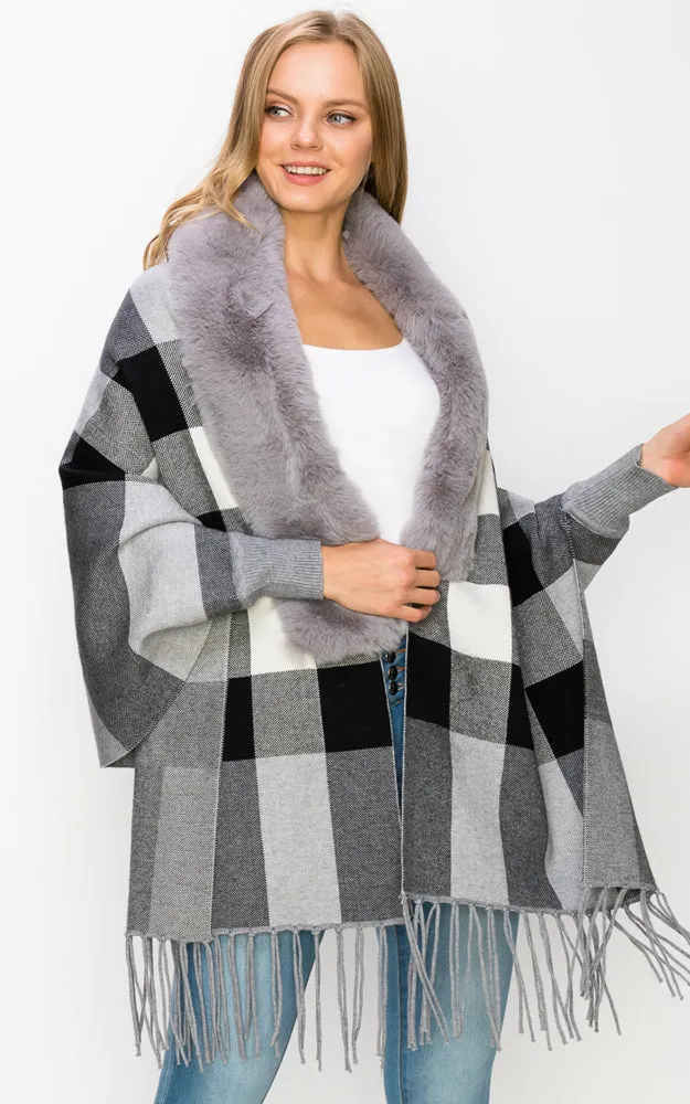 AV426 Faux Fur Trim Sleeve Cape Shawl with Fringe