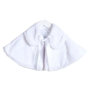 Baby Girls White Satin Tie Collared Elegant Faux Fur Cape 6-24M