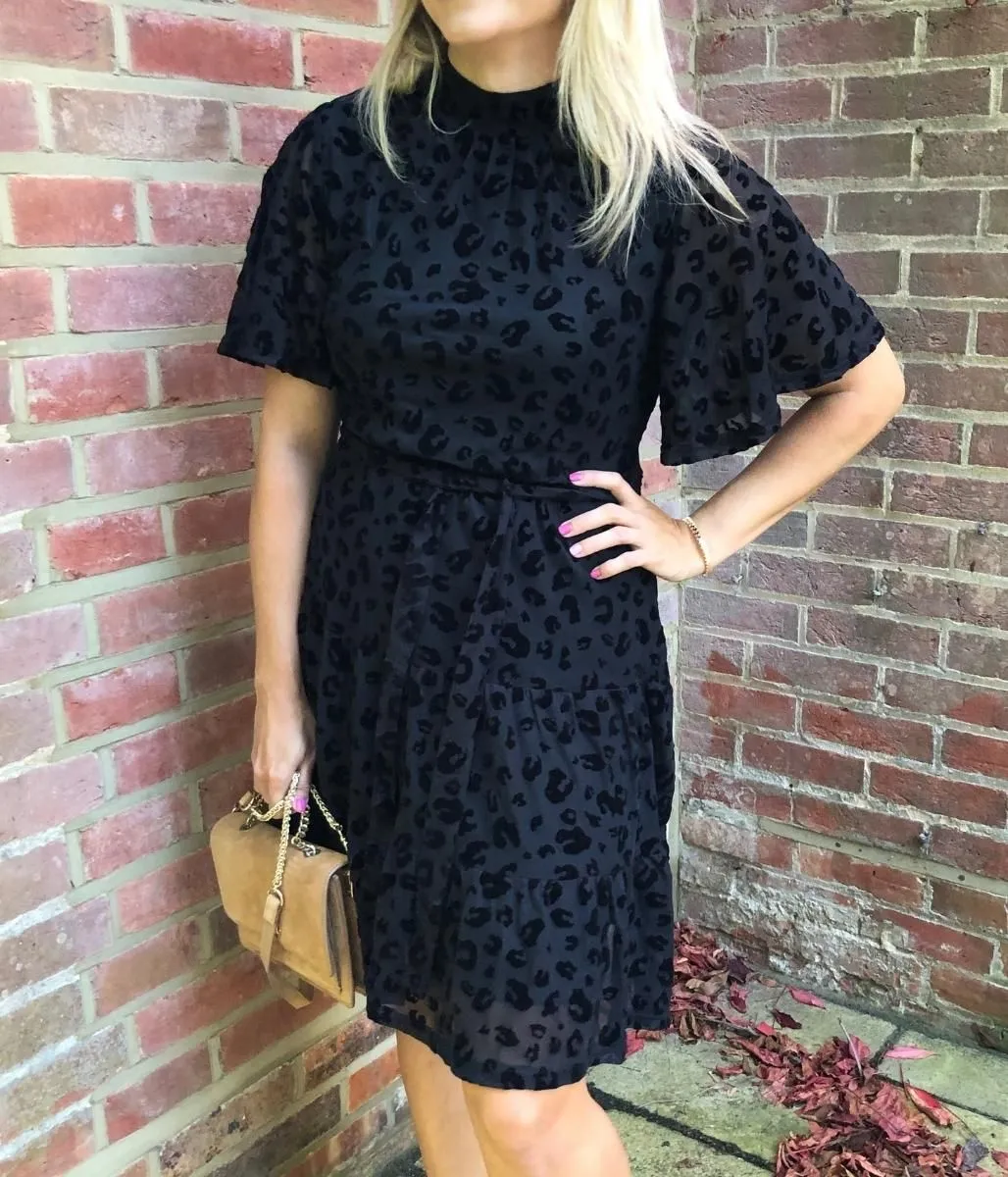 Black Angel Sleeve Velvet Print Dress