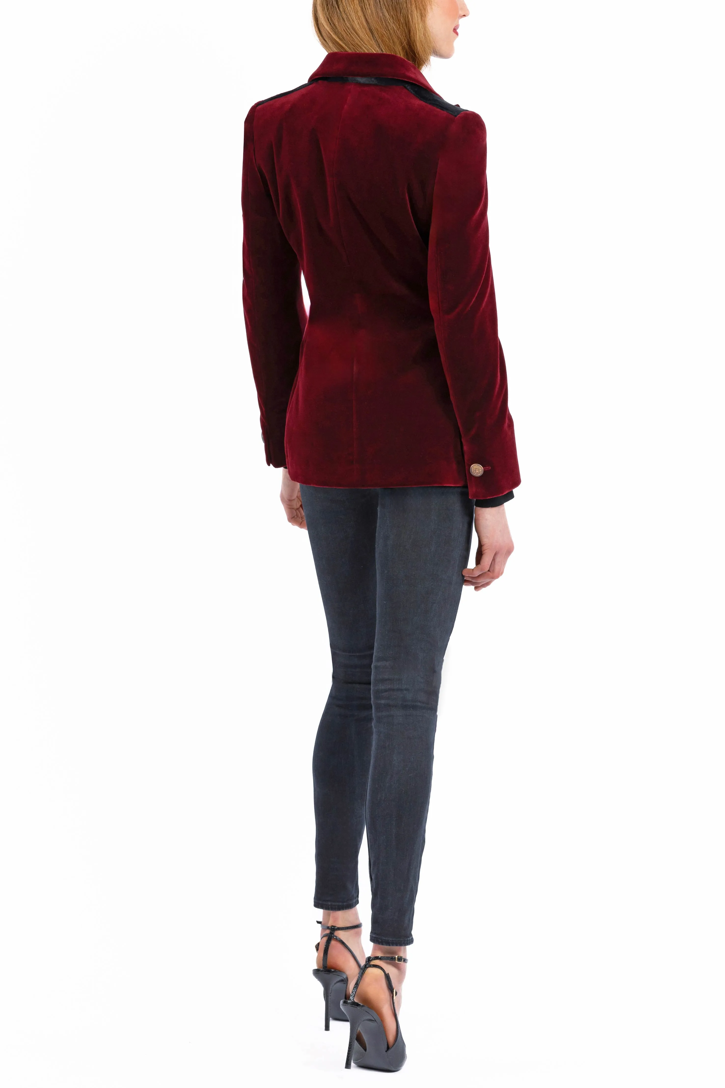 Blazer in deep crimson-red velvet with black pony-hair-velvet accents