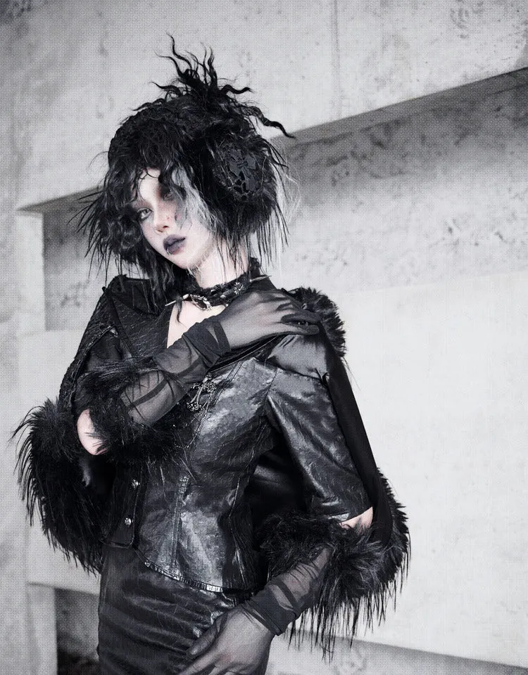 [Blood Supply] Shadow Stalker Gothic Faux Fur Cape Coat PU Leather