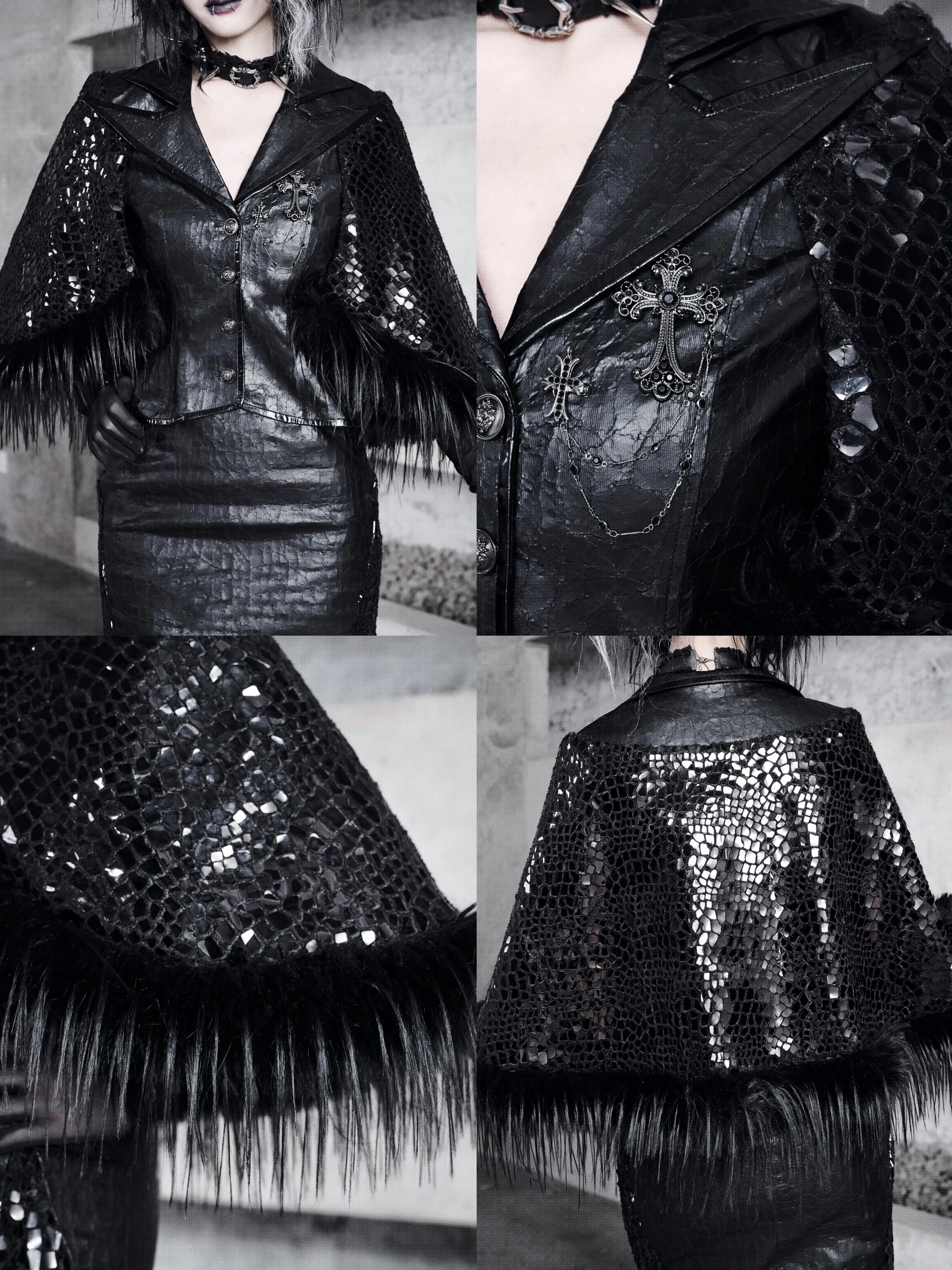 [Blood Supply] Shadow Stalker Gothic Faux Fur Cape Coat PU Leather