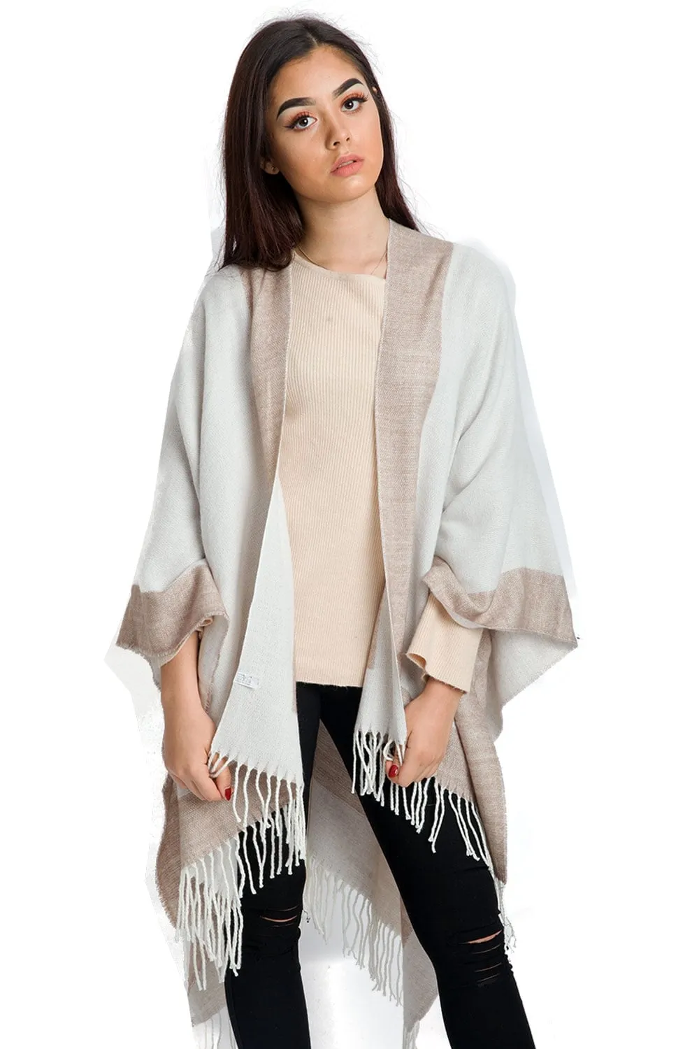 Border Block Blanket Cape with Fringe