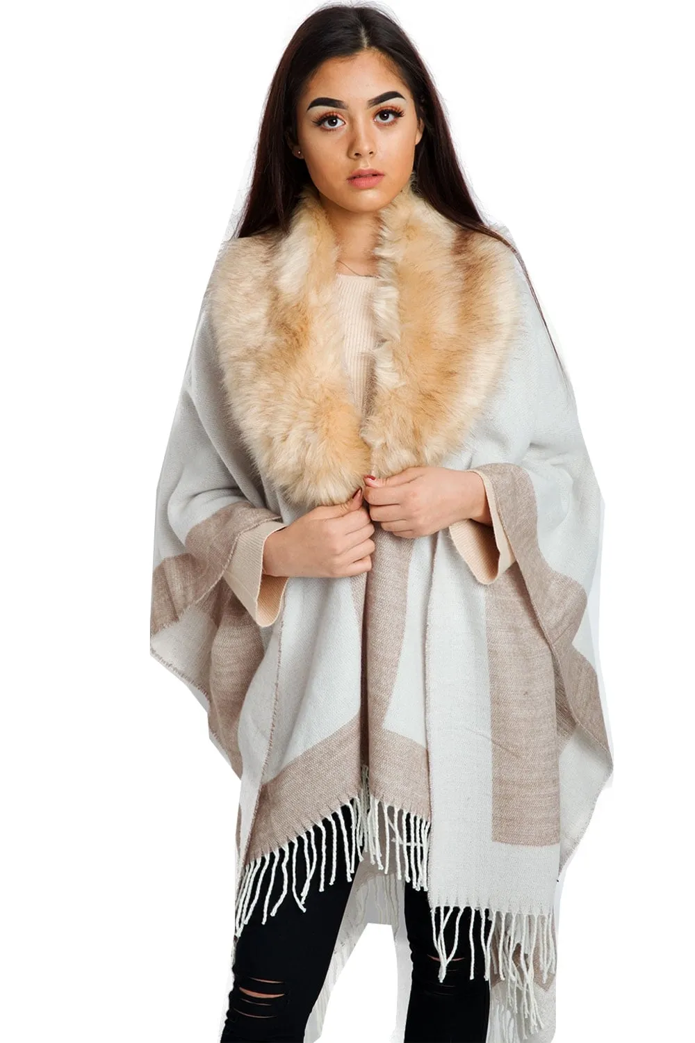 Border Block Blanket Cape with Fringe