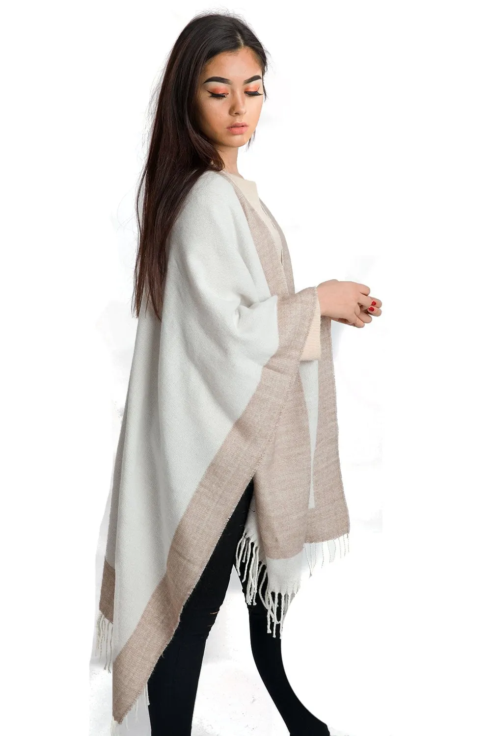 Border Block Blanket Cape with Fringe