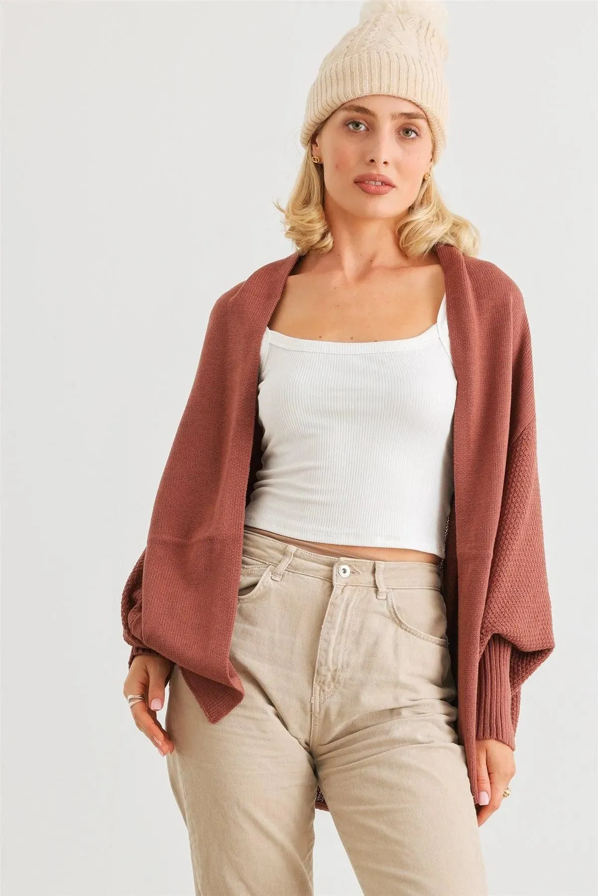 Brick Knit Batwing Sleeve Open Front Cardigan