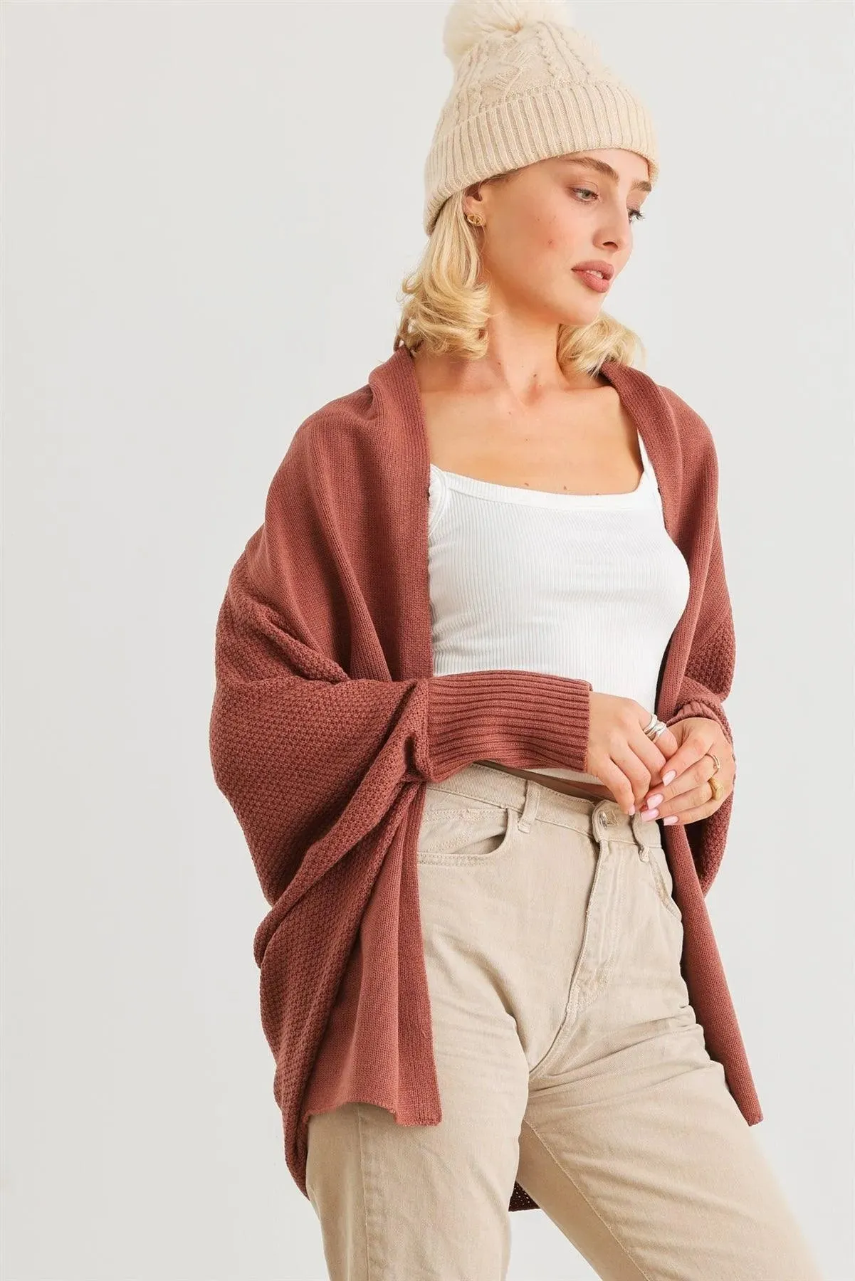 Brick Knit Batwing Sleeve Open Front Cardigan