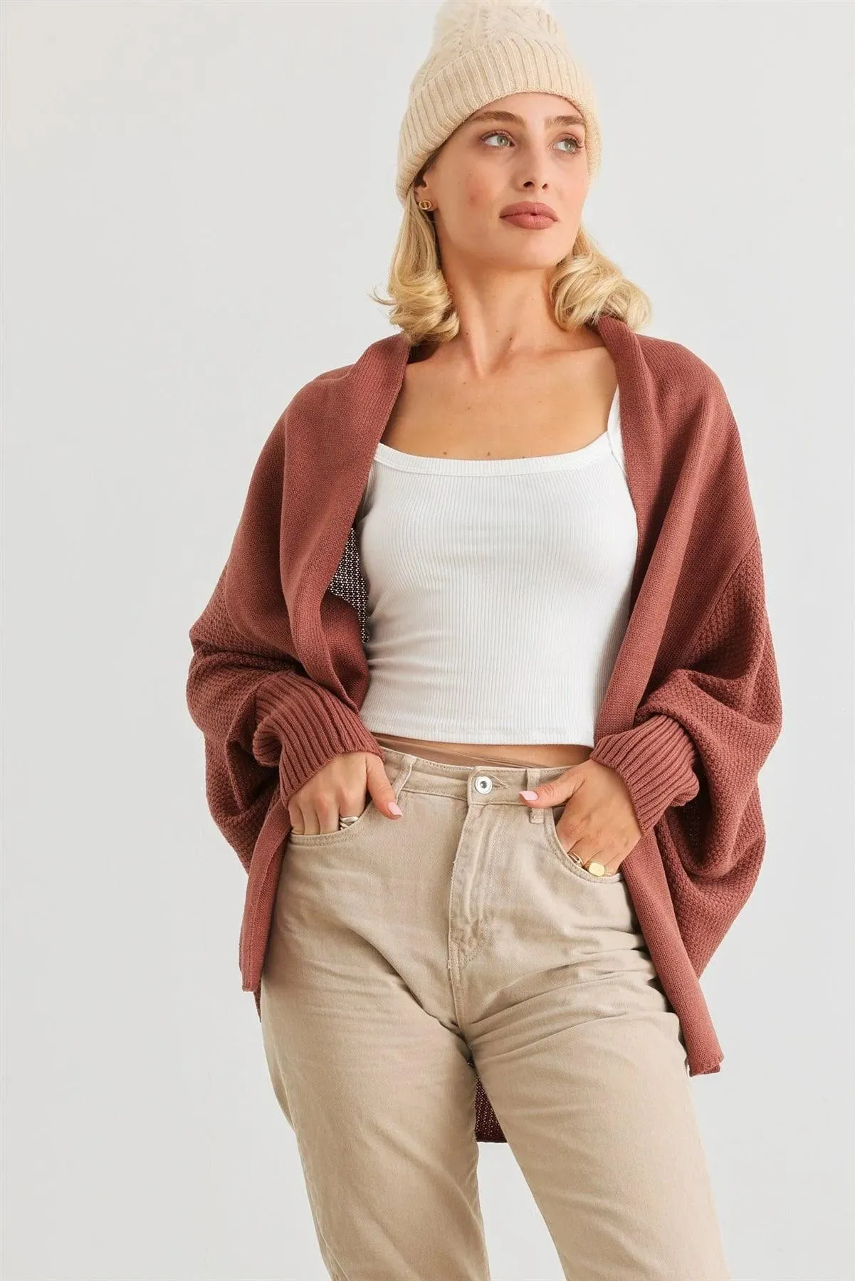 Brick Knit Batwing Sleeve Open Front Cardigan