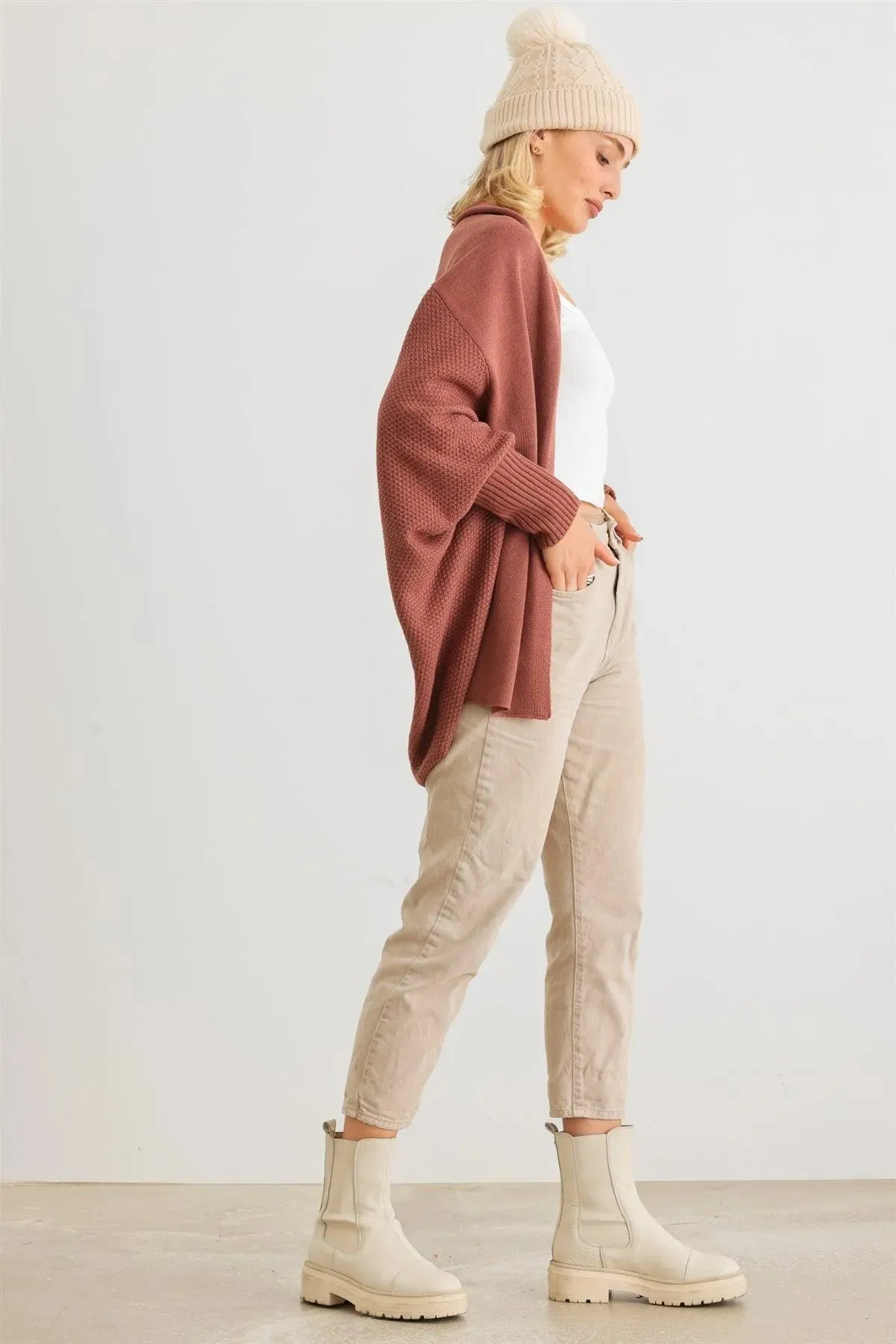 Brick Knit Batwing Sleeve Open Front Cardigan