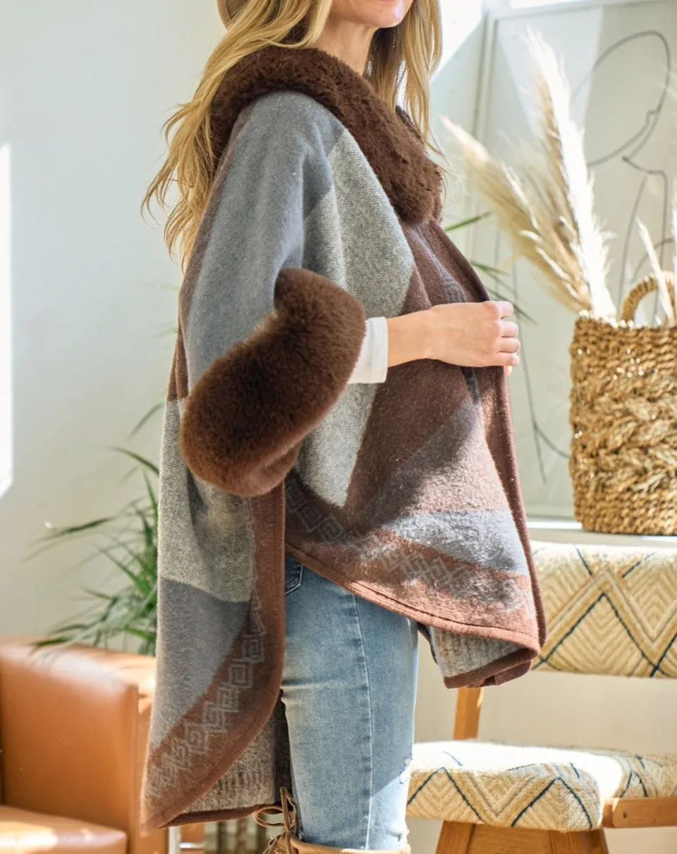 Brown Taupe & Grey Vertical Stripe Faux Fur Trim Cape Poncho