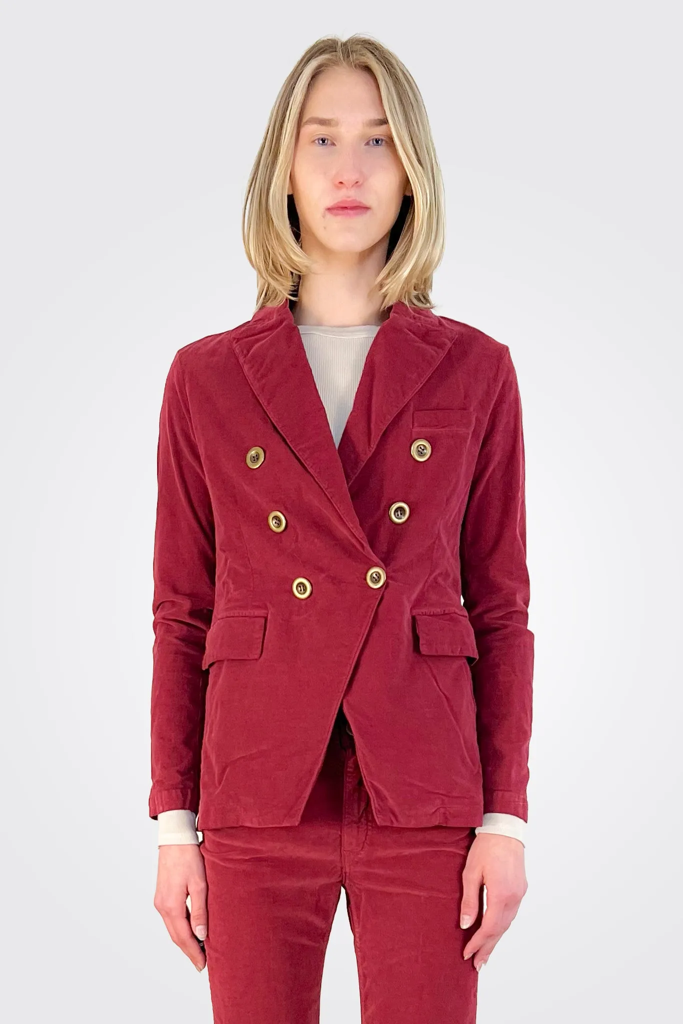 Caroline Double Breasted Velvet Blazer - Ruby