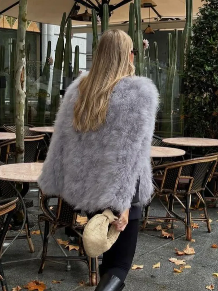 christmas outfit Sonicelife Elegant Fluffy Faux Fur Cape Coat For Women 2024 Fashion Round Collar Fake Sleeve Jacket Fall Winter Chic Ladies Warm Streetwear