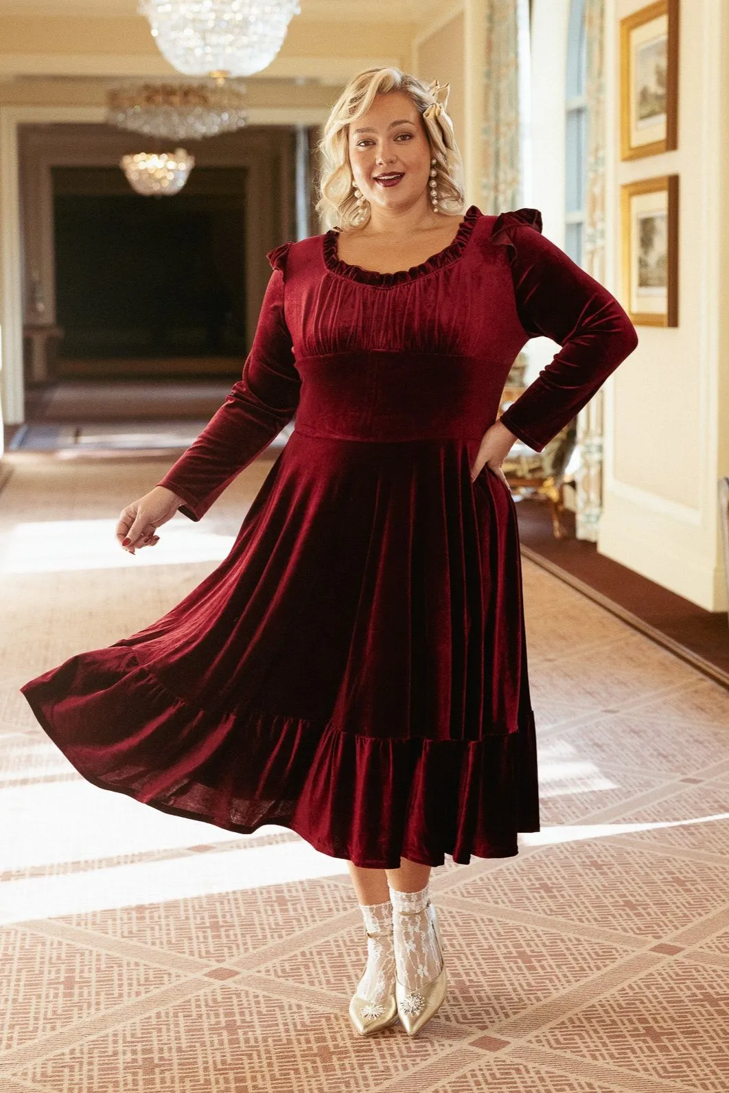 Cleopatra Flare Dress in Wine Velvet