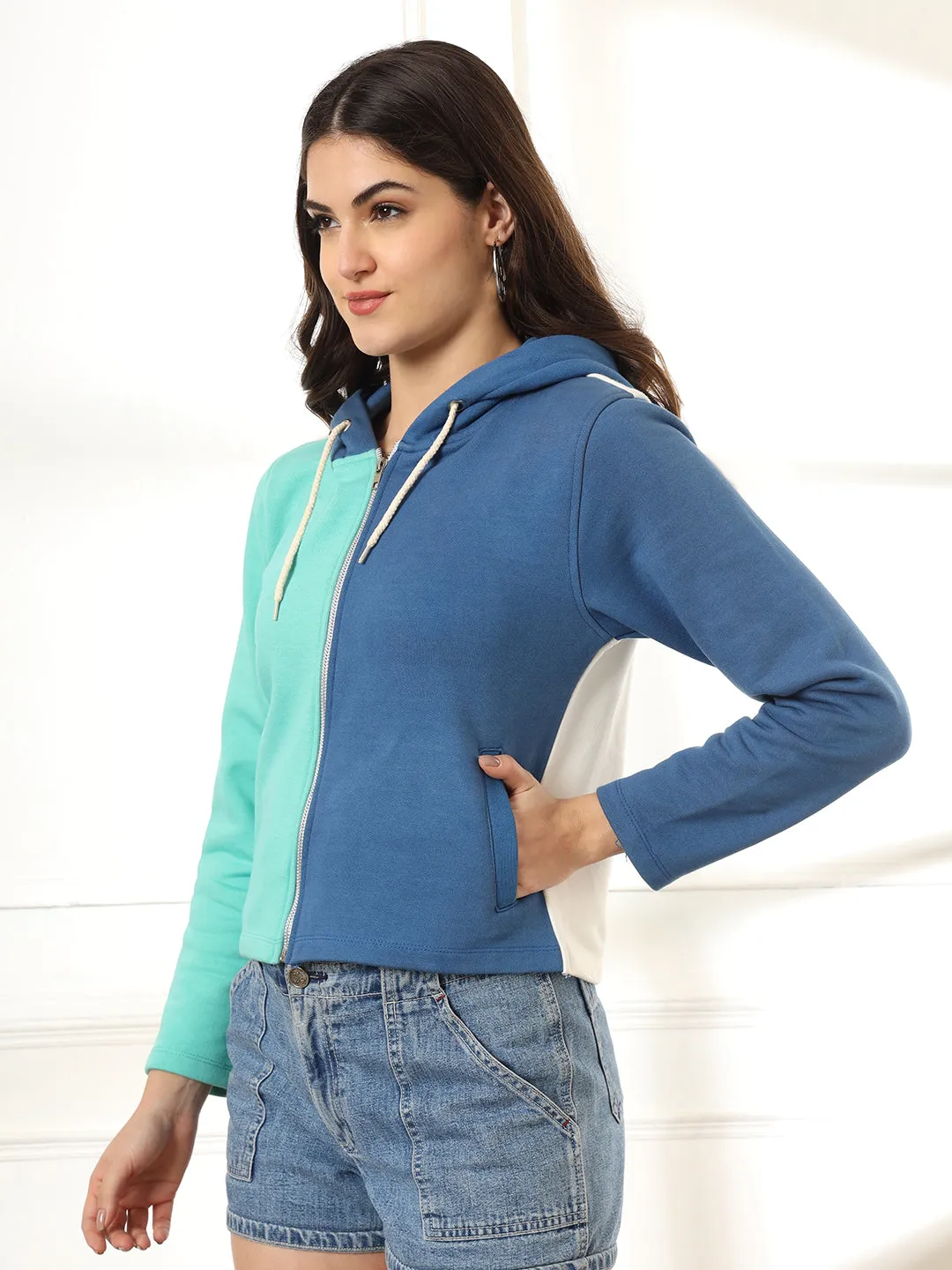 Colourblocked Hooded Cotton Front Open Sweatshirt