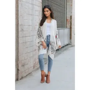 Cream Longline Floral Embroidered Kimono Open Wrap Cardigan Top One Size