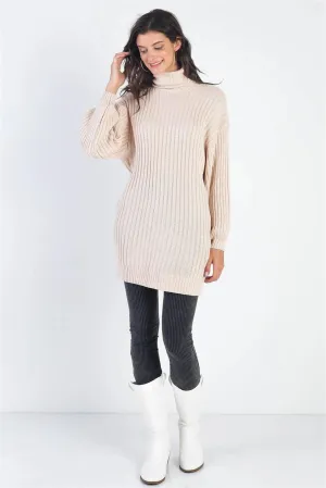 Ecru Cotton Blend Knit Ribbed Turtle Neck Sweater /2-2-2