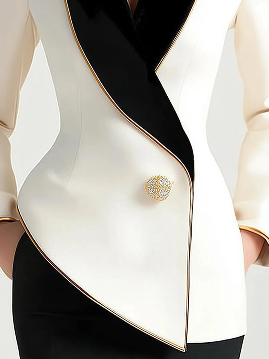 Elegant Asymmetrical White Blazer with Black Contrast Lapels