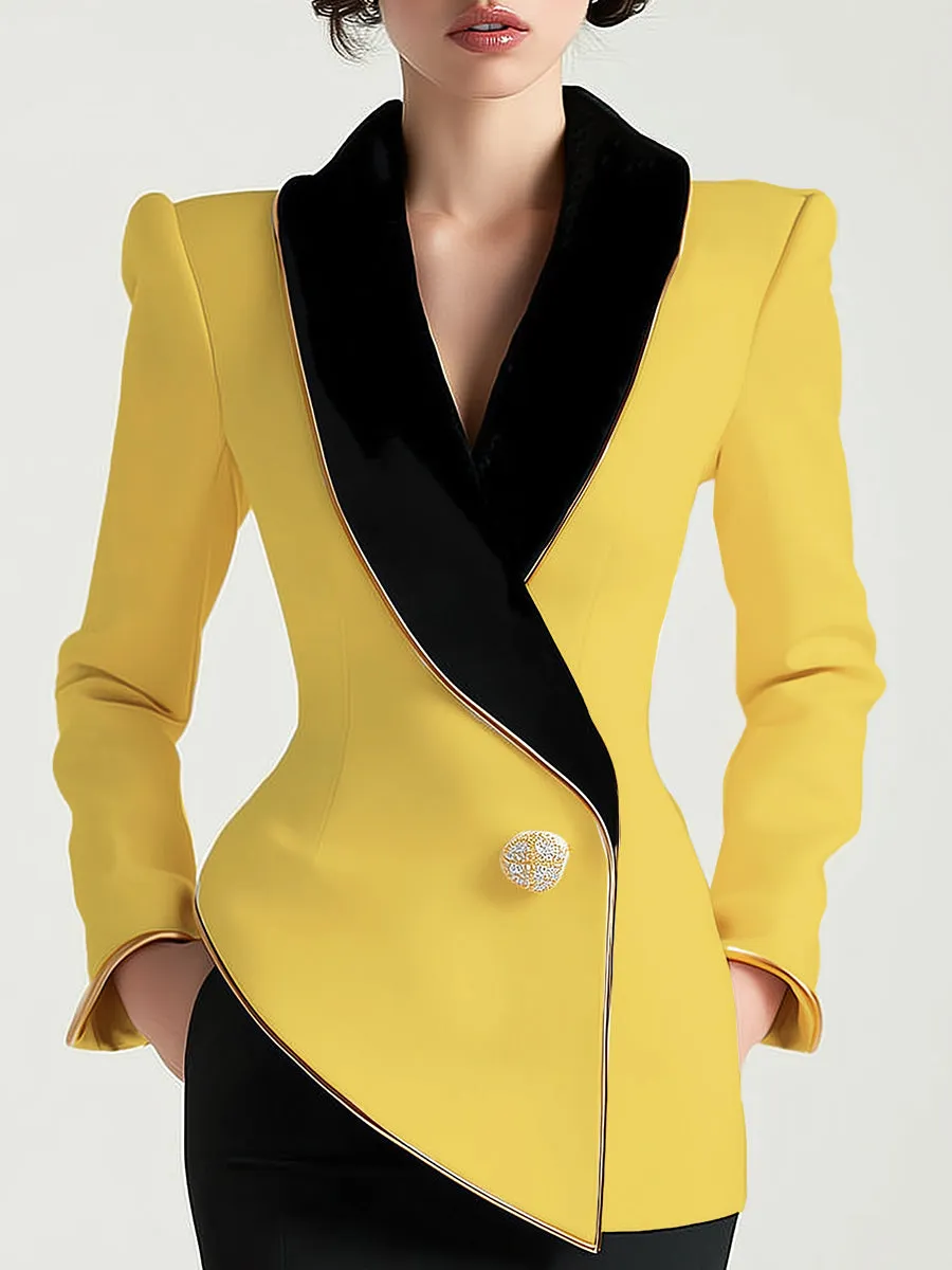 Elegant Asymmetrical White Blazer with Black Contrast Lapels