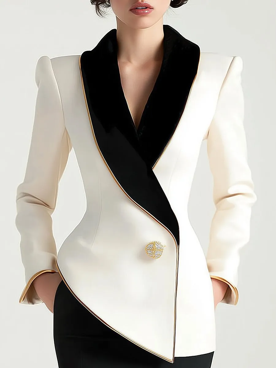 Elegant Asymmetrical White Blazer with Black Contrast Lapels