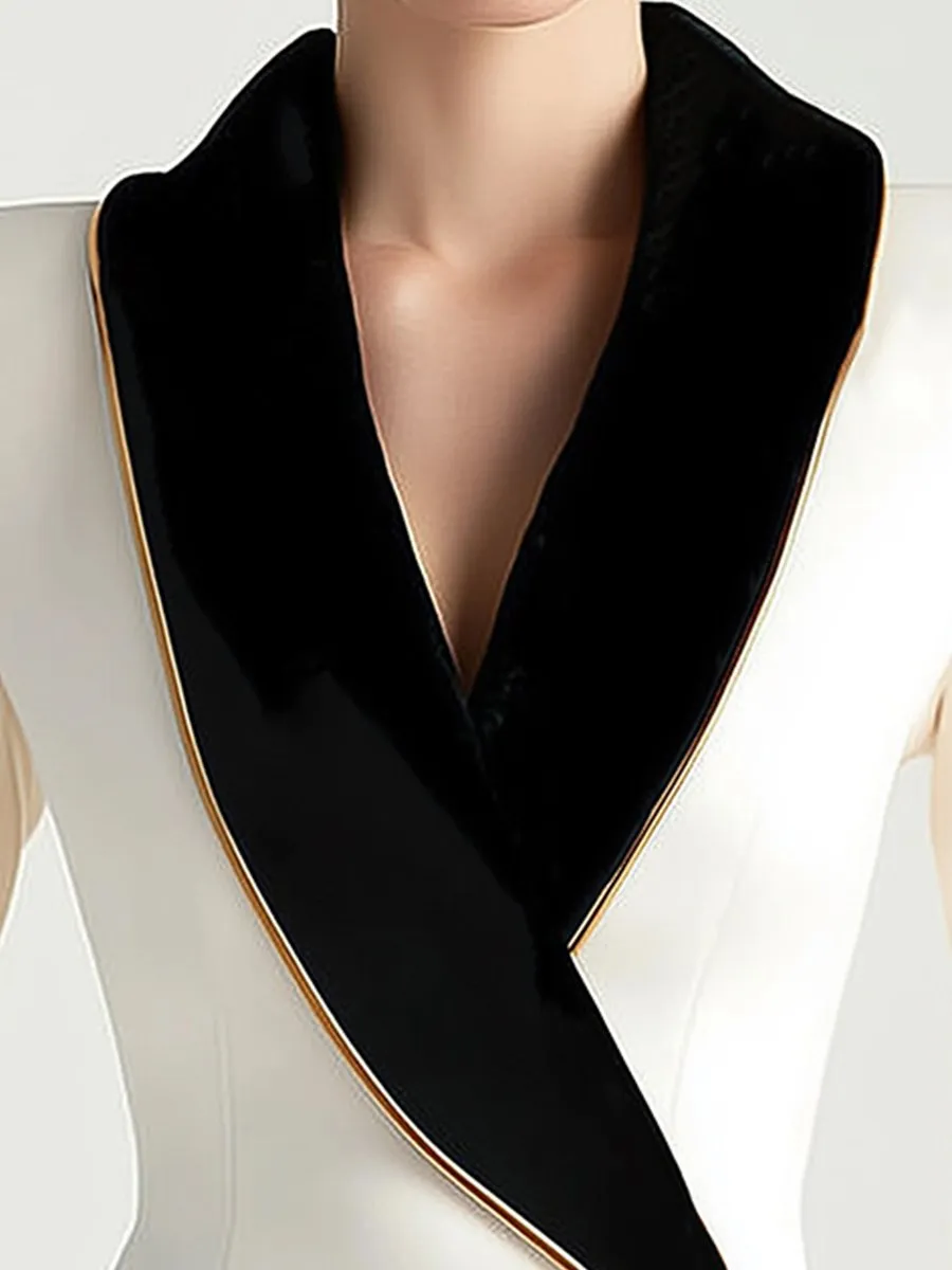 Elegant Asymmetrical White Blazer with Black Contrast Lapels