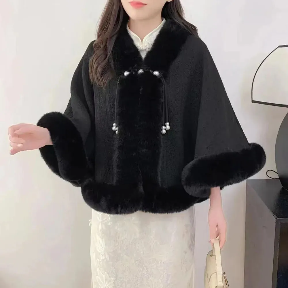 Elegant Sweet Chinese Vintage Style Faux Fur Cape Women Winter Knit Jacquard Shawl Coat Party Dress Wraps Cloak Thicken Fleece