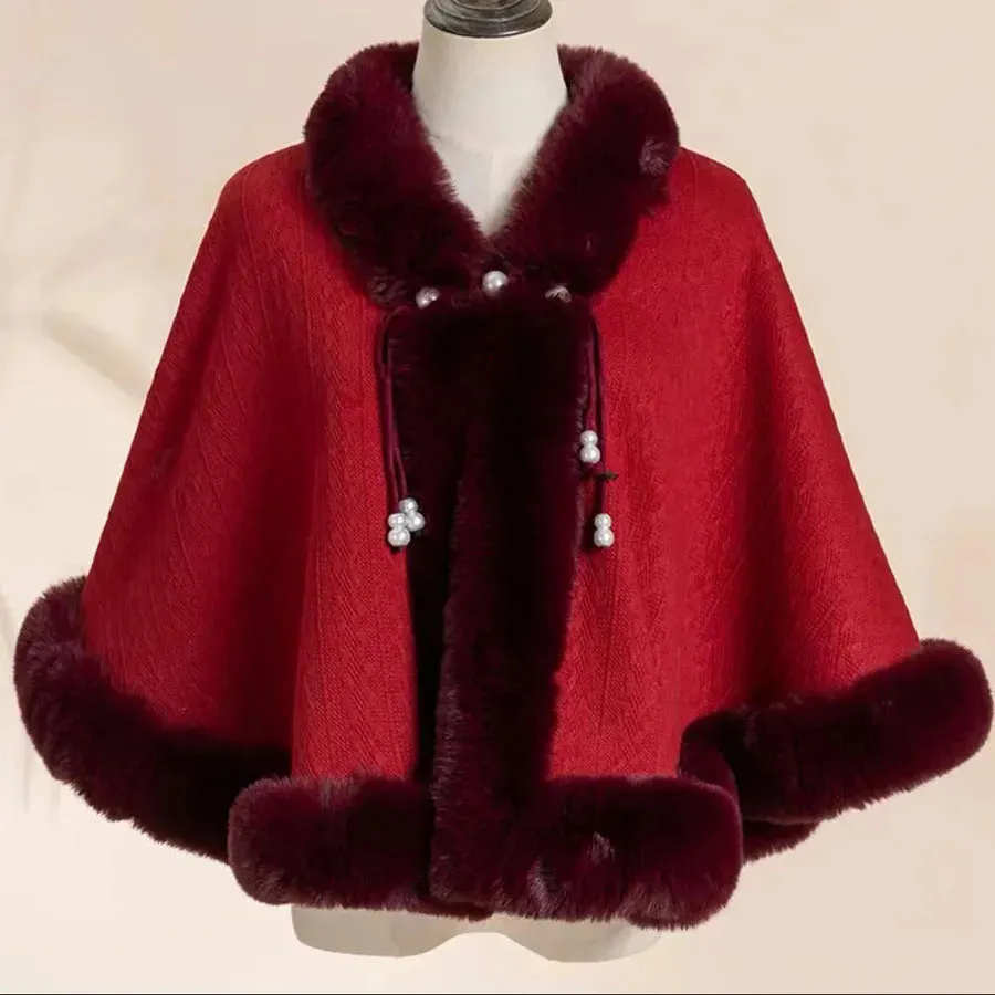 Elegant Sweet Chinese Vintage Style Faux Fur Cape Women Winter Knit Jacquard Shawl Coat Party Dress Wraps Cloak Thicken Fleece