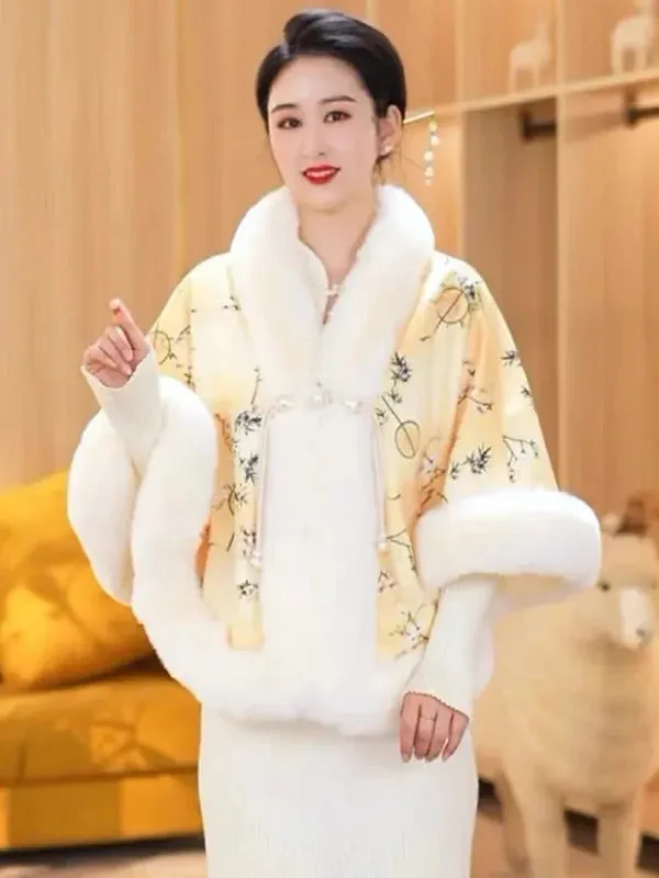 Elegant Sweet Chinese Vintage Style Faux Fur Cape Women Winter Knit Jacquard Shawl Coat Party Dress Wraps Cloak Thicken Fleece