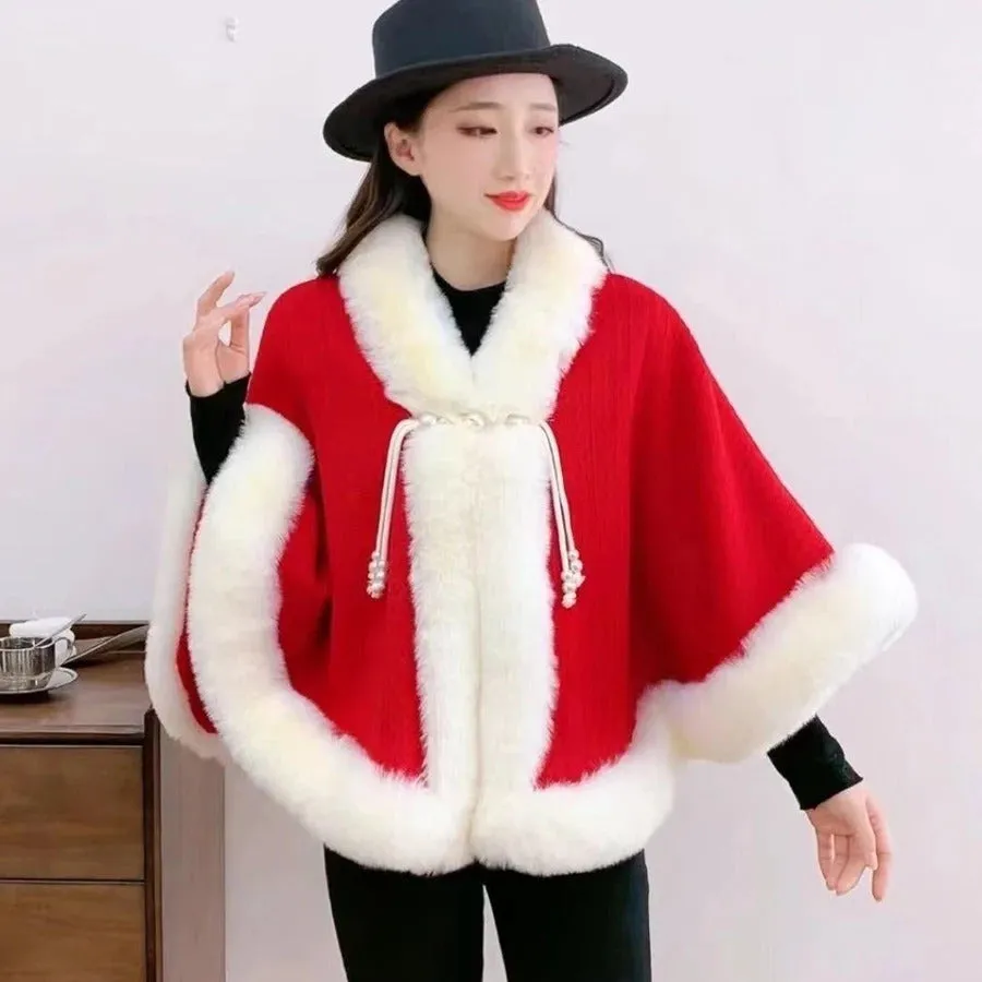 Elegant Sweet Chinese Vintage Style Faux Fur Cape Women Winter Knit Jacquard Shawl Coat Party Dress Wraps Cloak Thicken Fleece