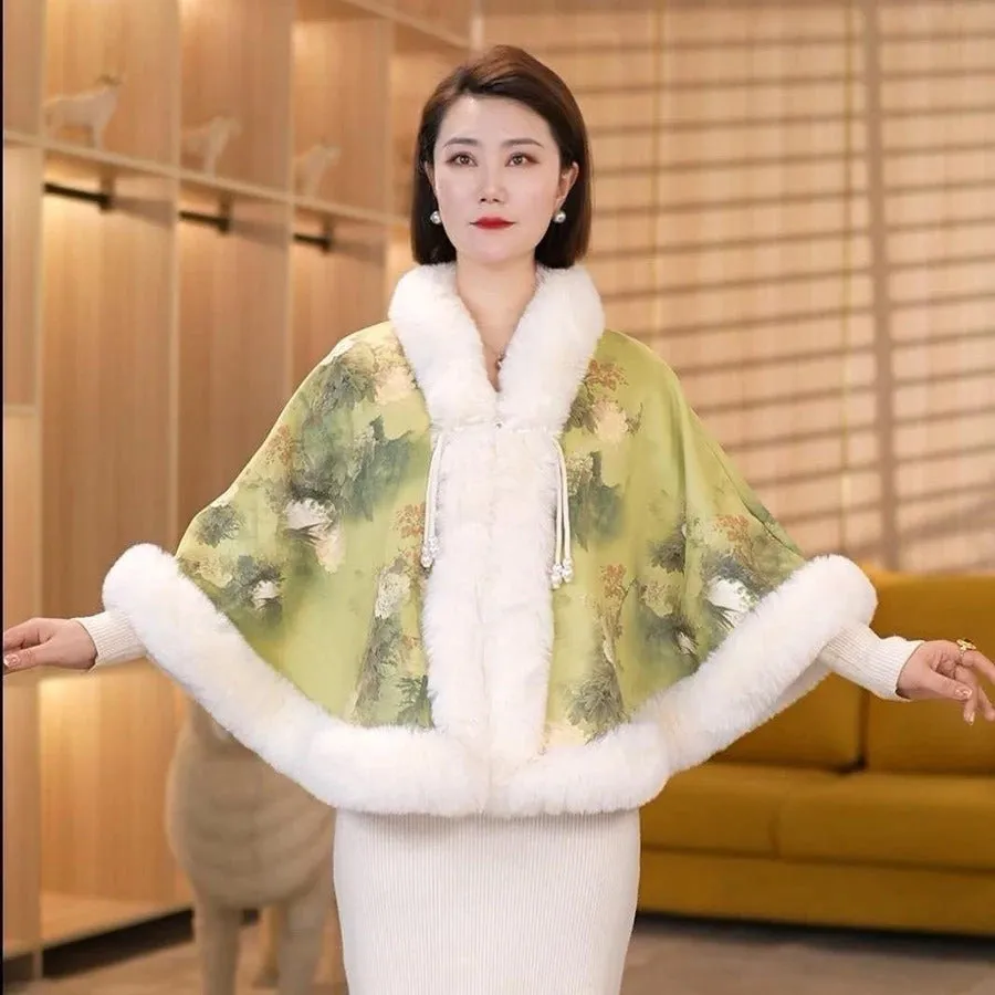 Elegant Sweet Chinese Vintage Style Faux Fur Cape Women Winter Knit Jacquard Shawl Coat Party Dress Wraps Cloak Thicken Fleece