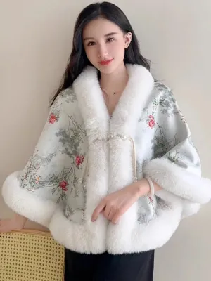 Elegant Sweet Chinese Vintage Style Faux Fur Cape Women Winter Knit Jacquard Shawl Coat Party Dress Wraps Cloak Thicken Fleece