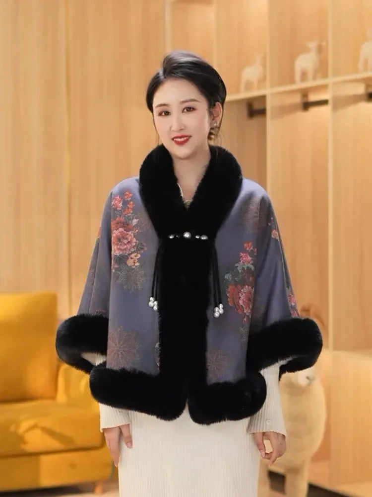 Elegant Sweet Chinese Vintage Style Faux Fur Cape Women Winter Knit Jacquard Shawl Coat Party Dress Wraps Cloak Thicken Fleece