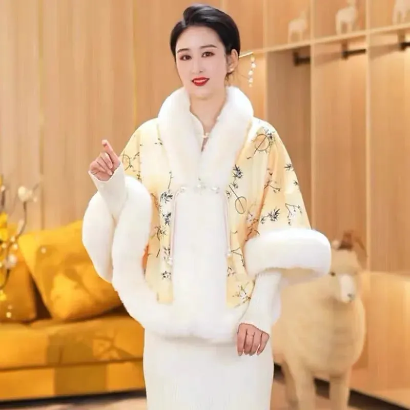 Elegant Sweet Chinese Vintage Style Faux Fur Cape Women Winter Knit Jacquard Shawl Coat Party Dress Wraps Cloak Thicken Fleece