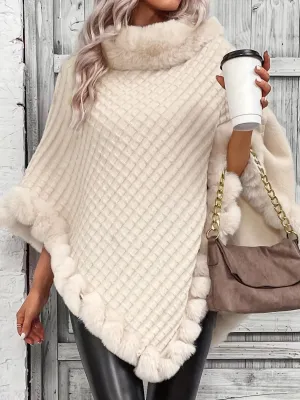 Elegant Thick Knit Turtleneck Sweater with Faux Fur Trim - Cape for Women,