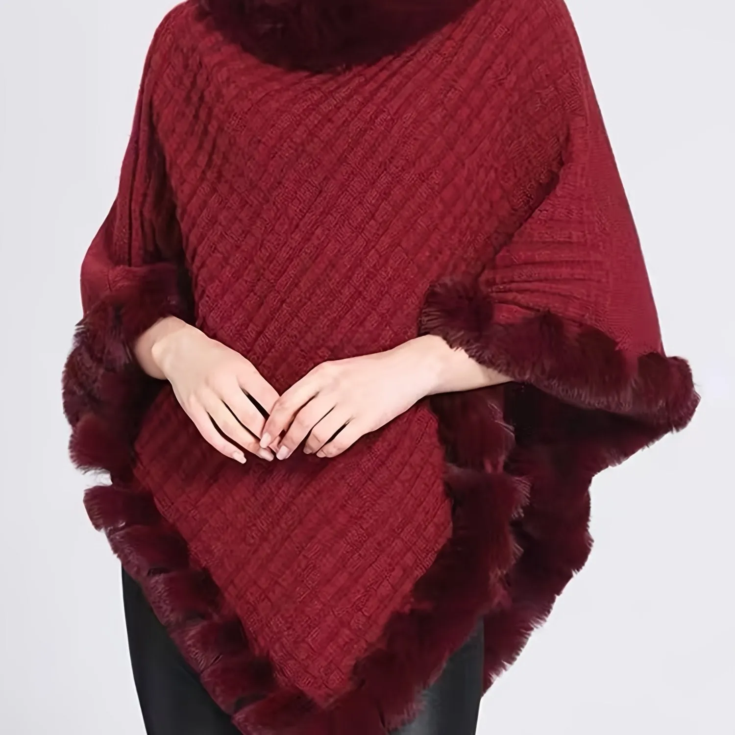 Elegant Thick Knit Turtleneck Sweater with Faux Fur Trim - Cape for Women,