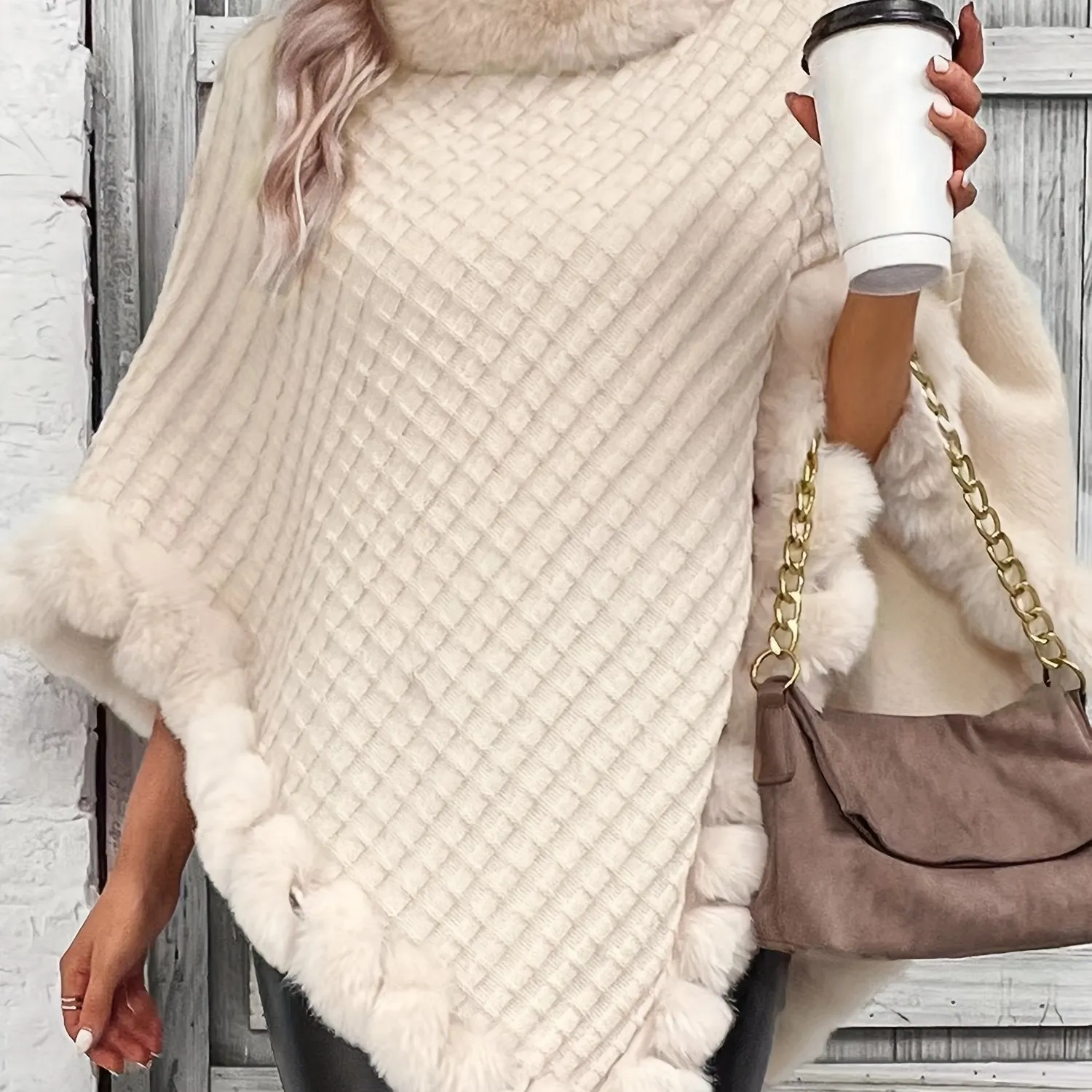 Elegant Thick Knit Turtleneck Sweater with Faux Fur Trim - Cape for Women,