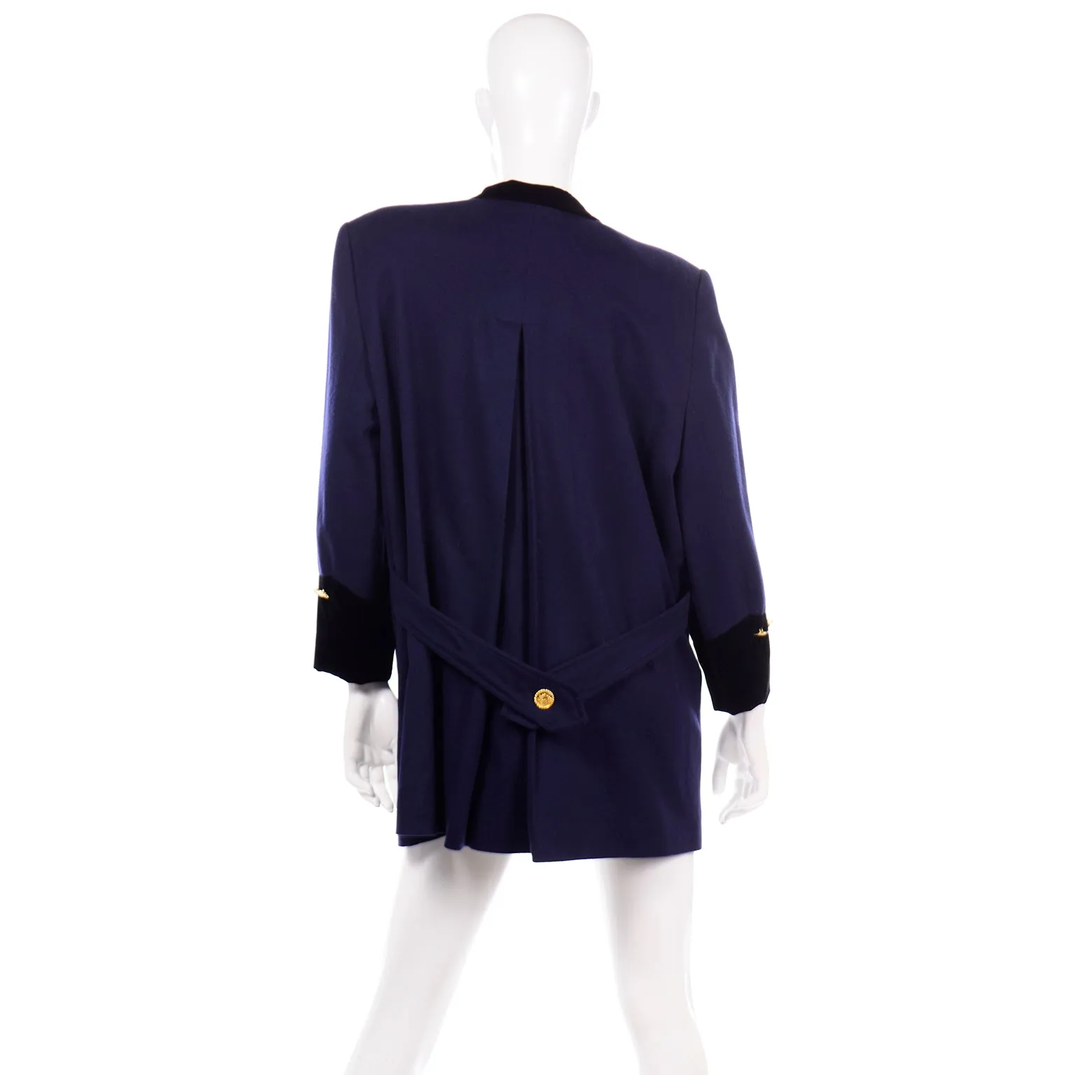 Escada Vintage Blue and Black Cashmere Wool Long Blazer Jacket