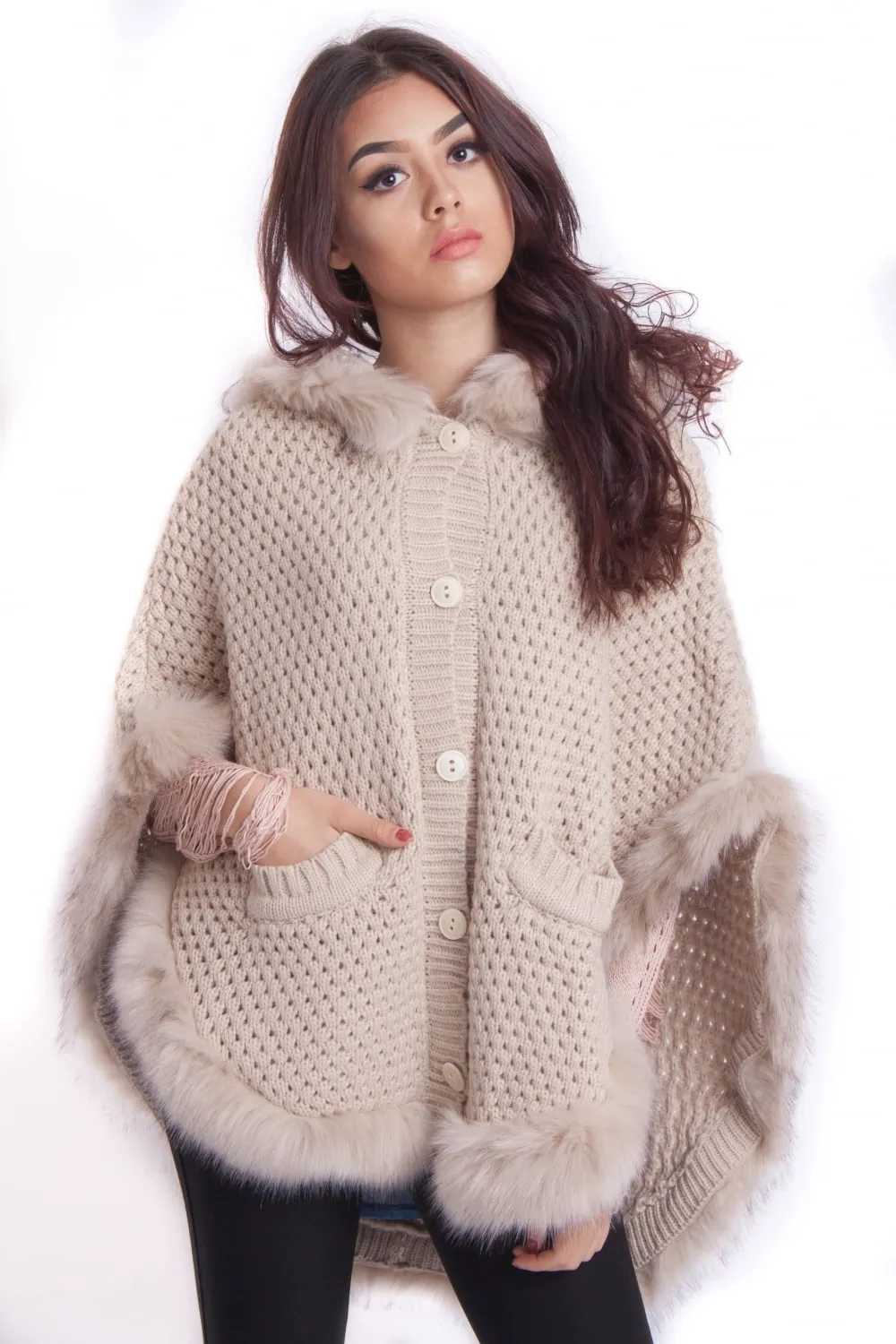 Faux Fur Knitted Hood Poncho