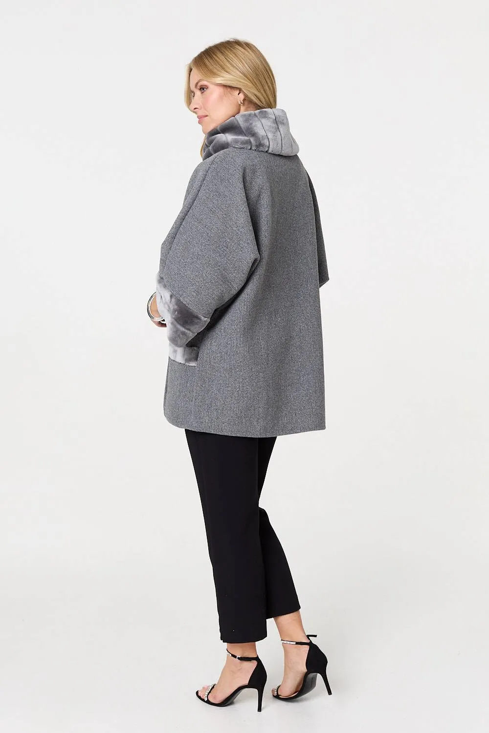 Faux Fur Trim 3/4 Sleeve Cape Coat