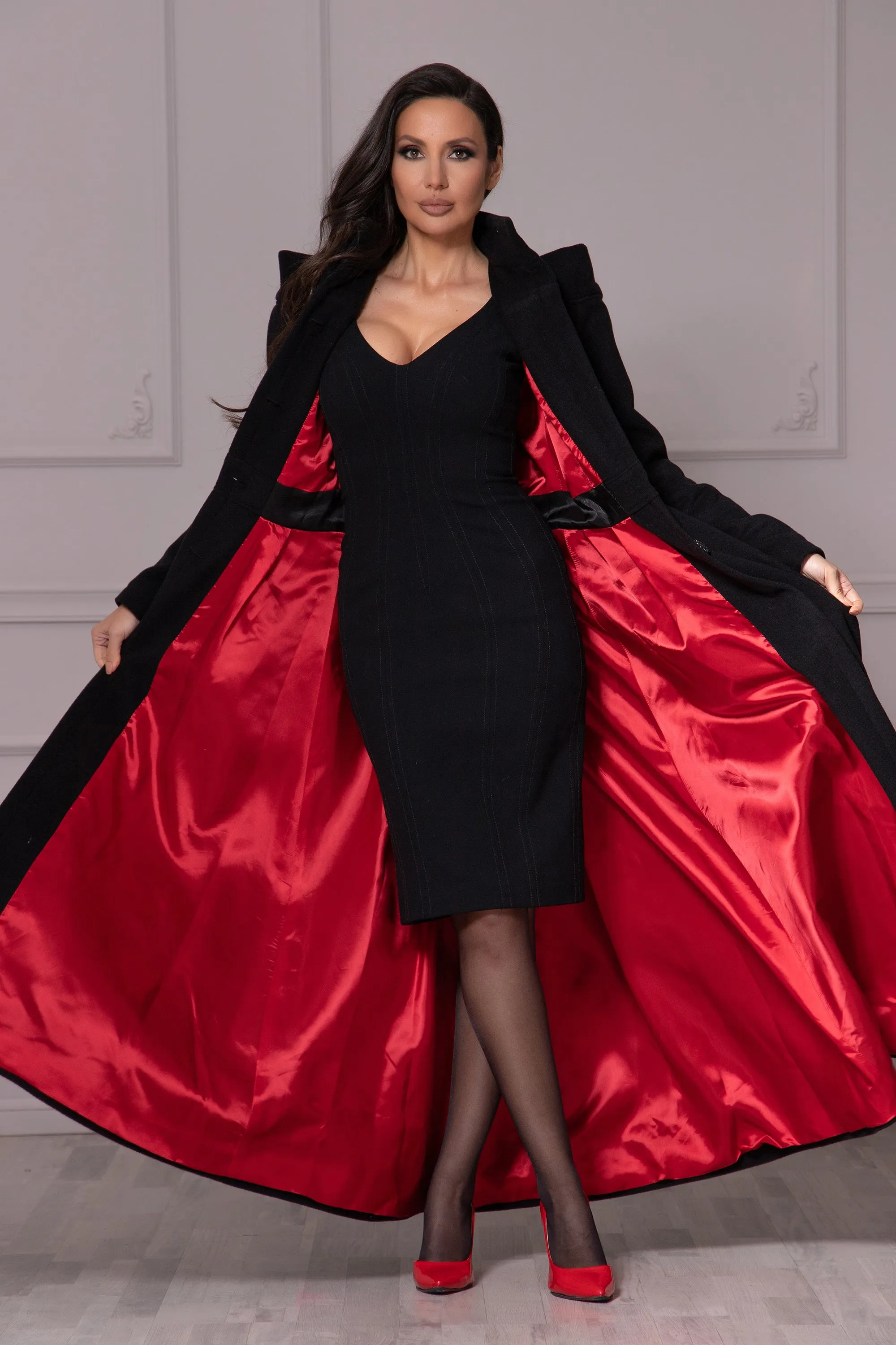 FLOOR LENGTH RED-LINED COAT