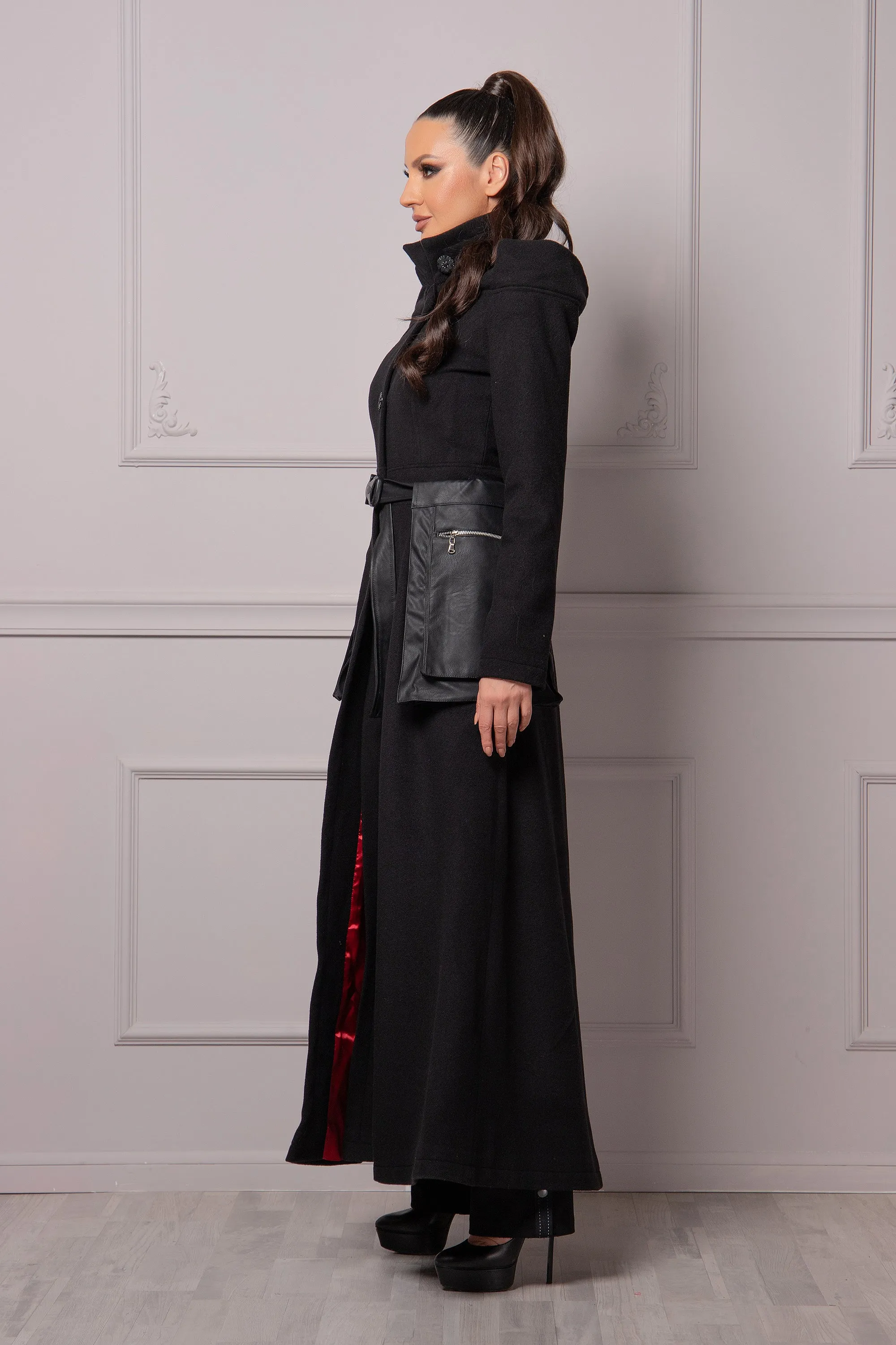 FLOOR LENGTH RED-LINED COAT