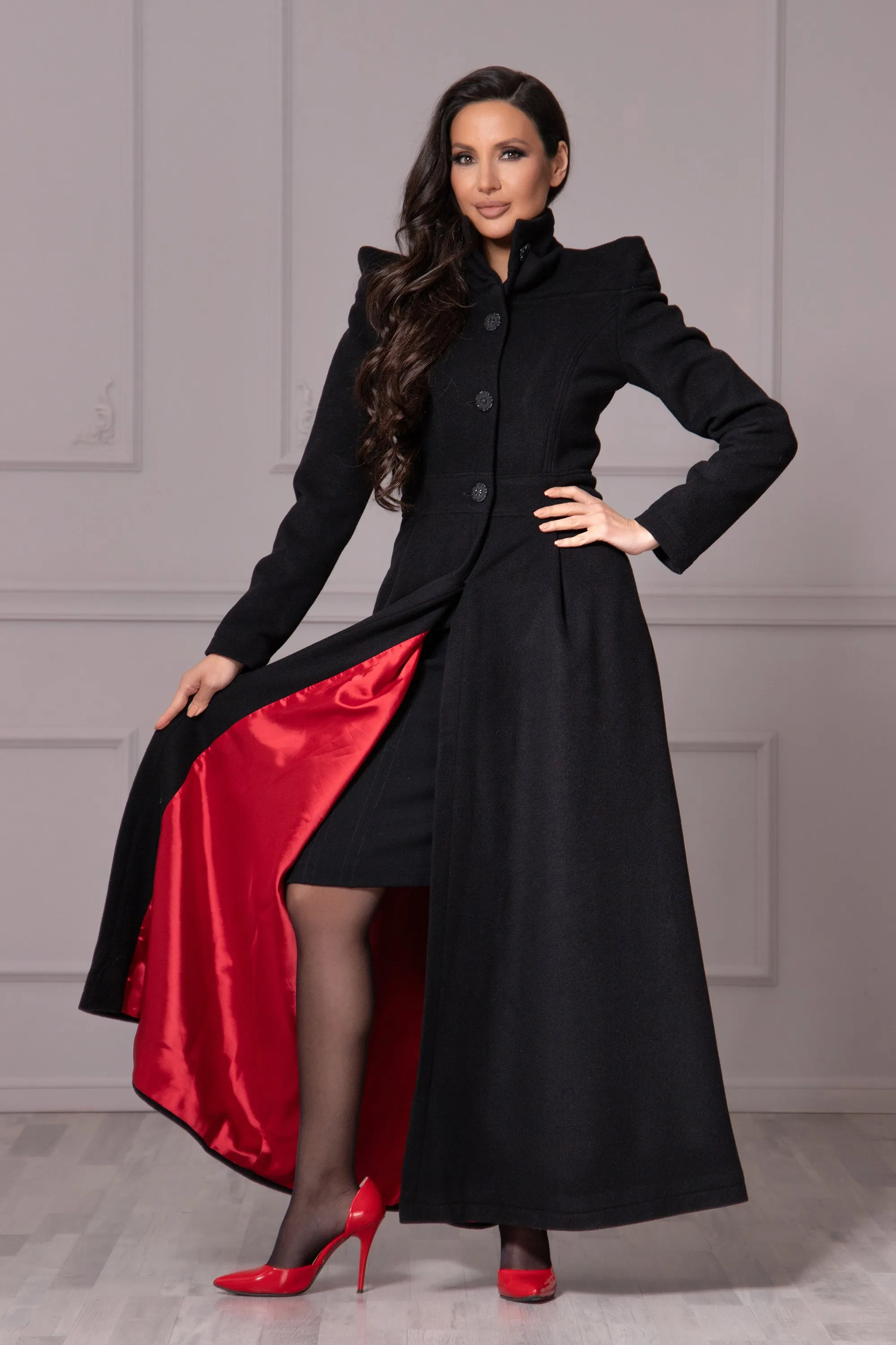 FLOOR LENGTH RED-LINED COAT