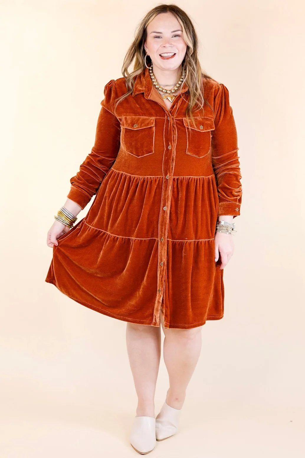 Grateful Gathering Velvet Button Up Dress with Long Sleeves in Burnt Orange