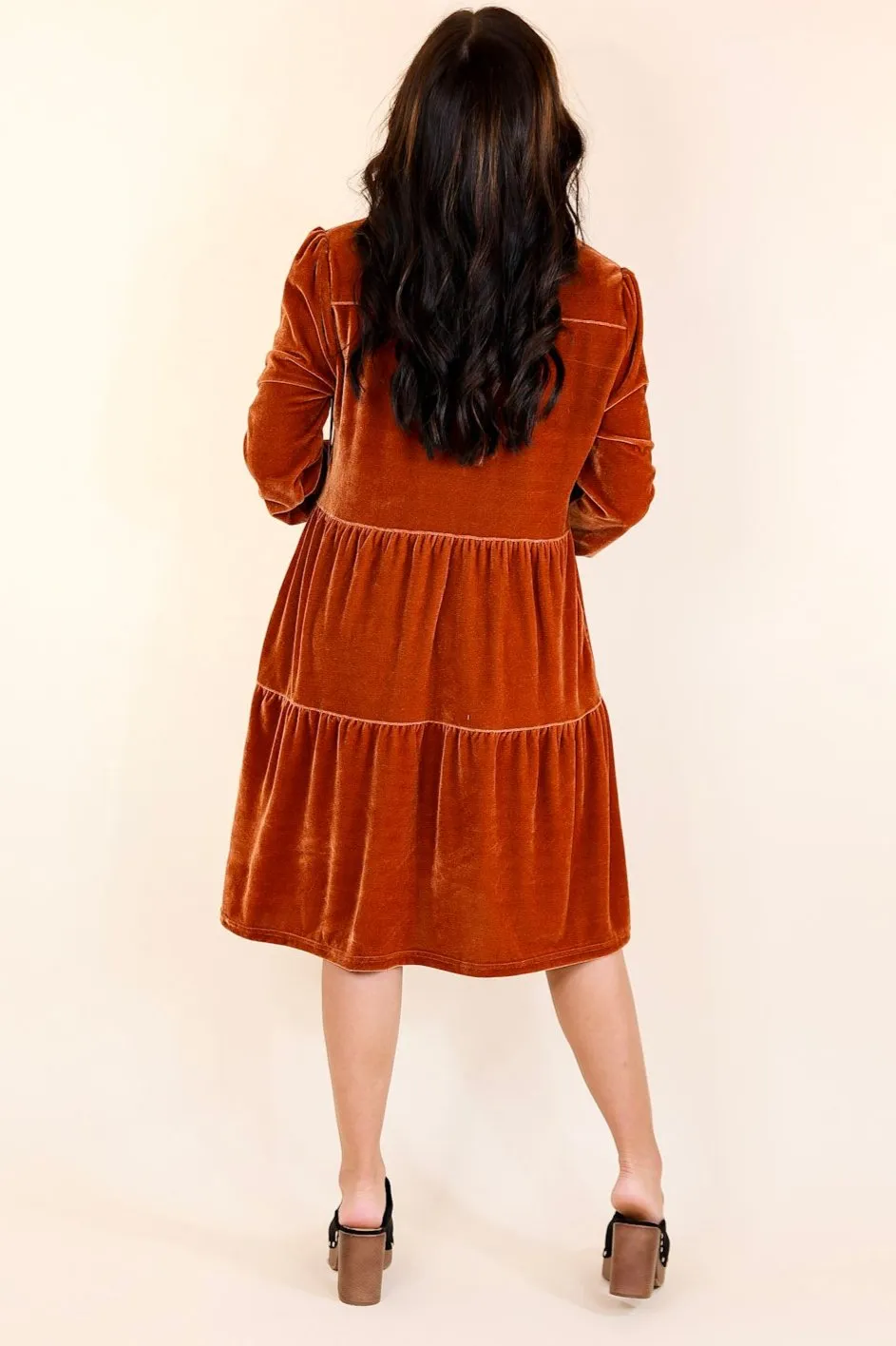 Grateful Gathering Velvet Button Up Dress with Long Sleeves in Burnt Orange