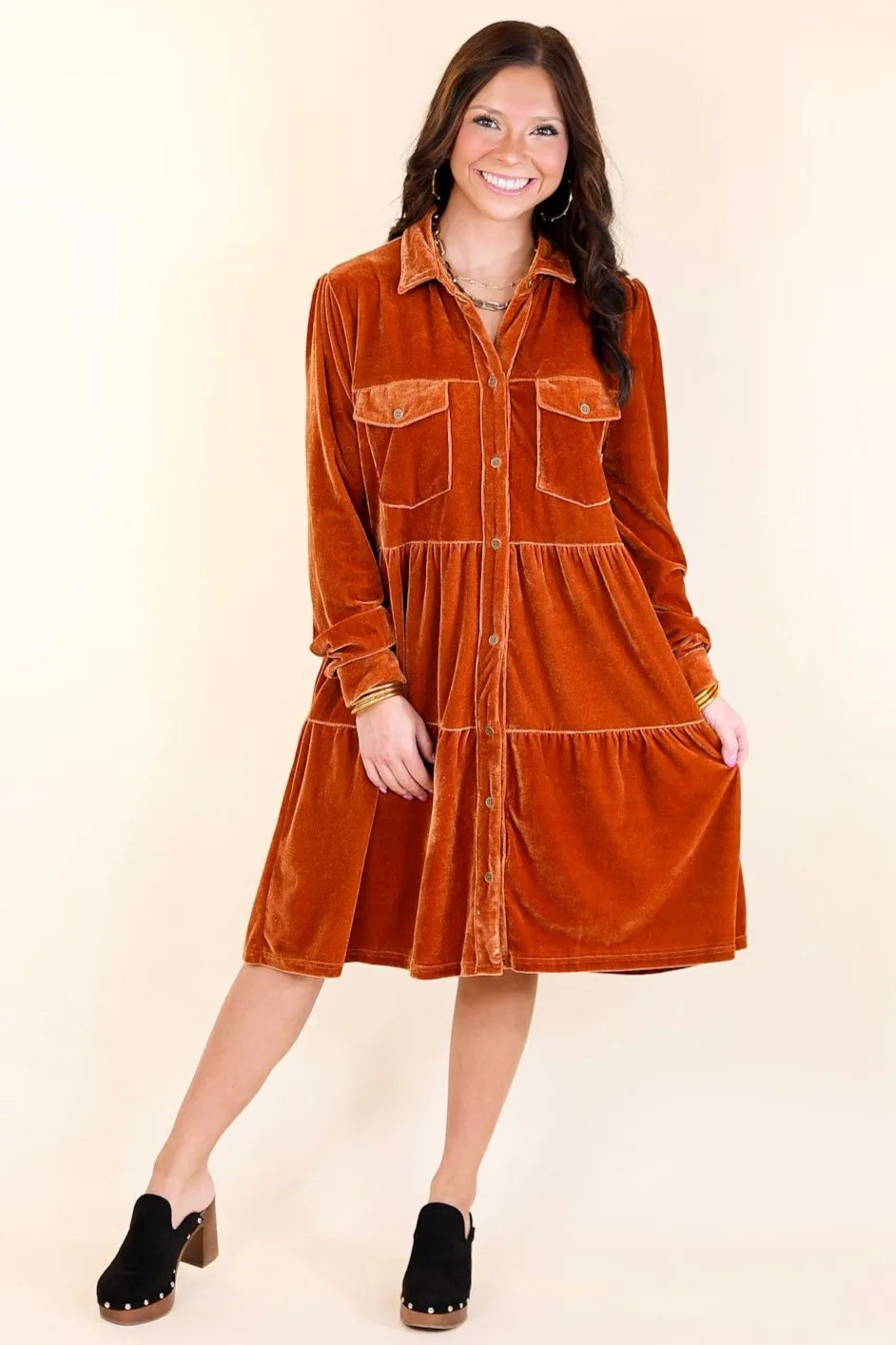 Grateful Gathering Velvet Button Up Dress with Long Sleeves in Burnt Orange