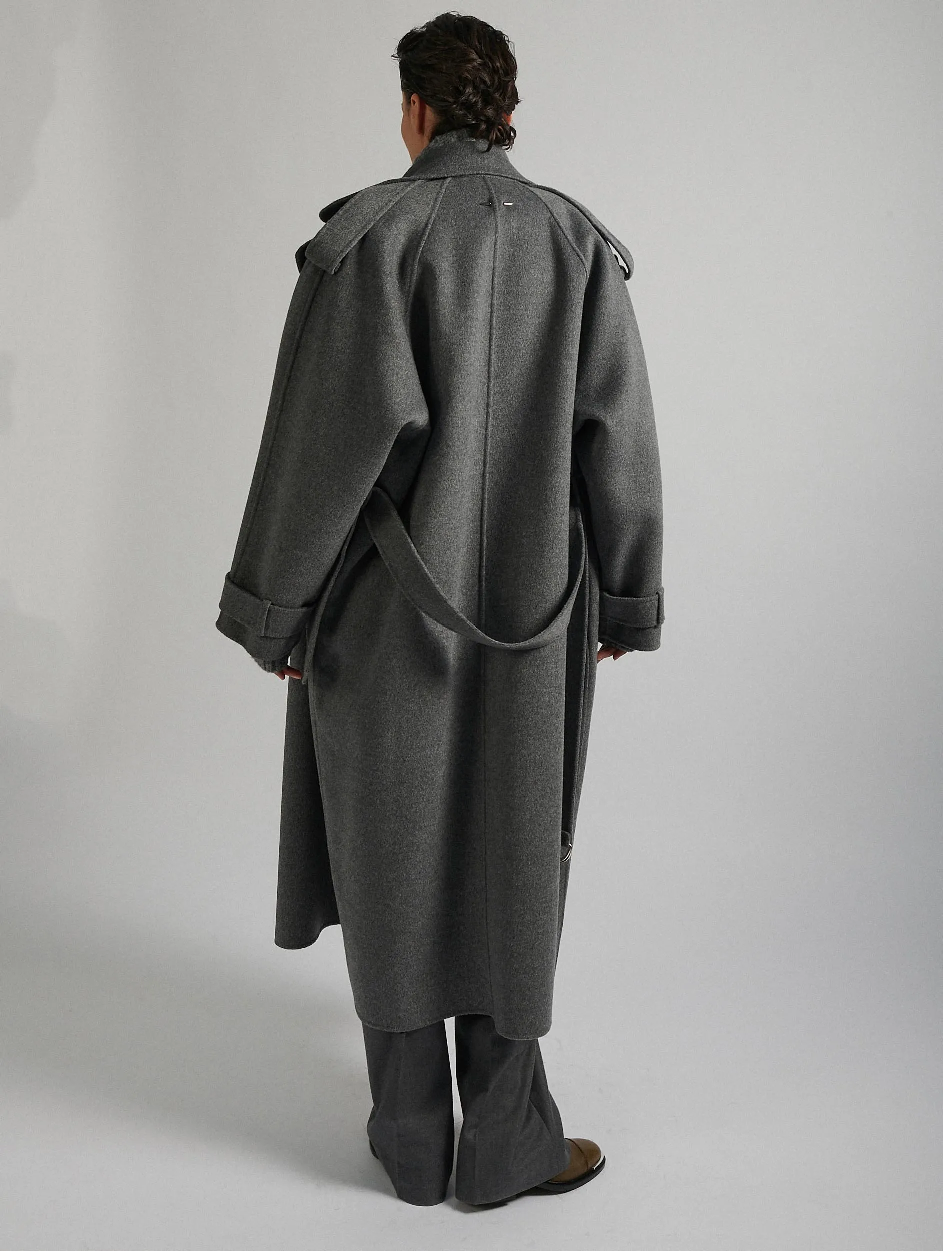 Grey double-faced wool belted coat